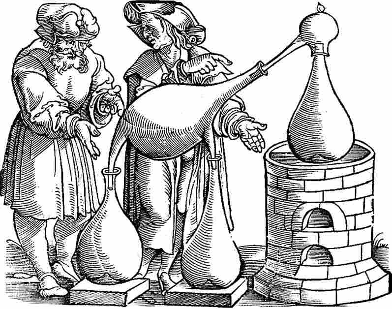 Средневековое изображение процесса дистилляции